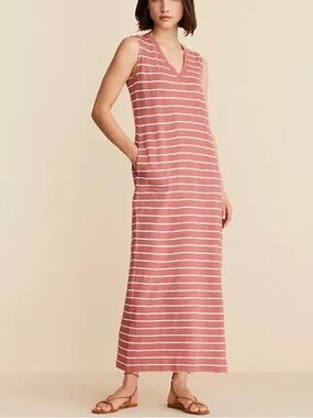 Lou & Grey Stripe Maxi Dress Salmon Rust V-neck Coastal Casual Nautical Medium